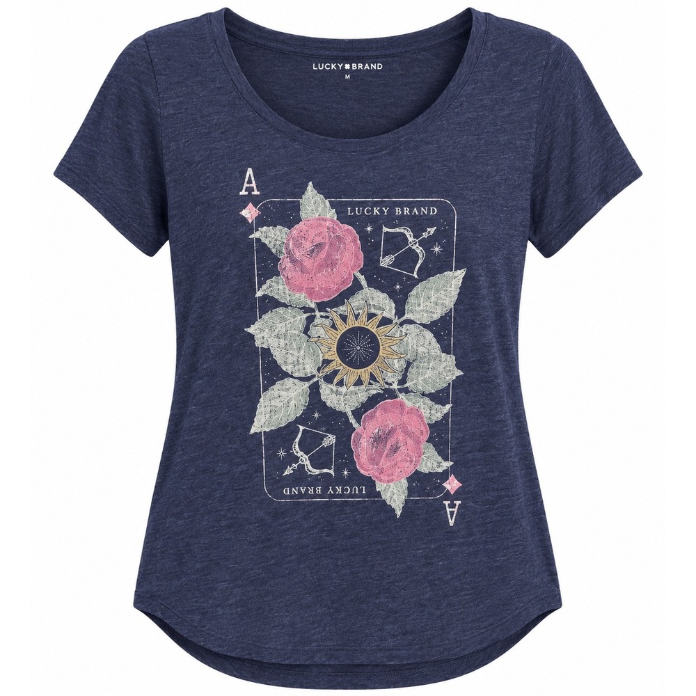 Lucky Brand Women Large Navy Blue Ace of Hearts Rose Graphic Tee Short Sleeve L